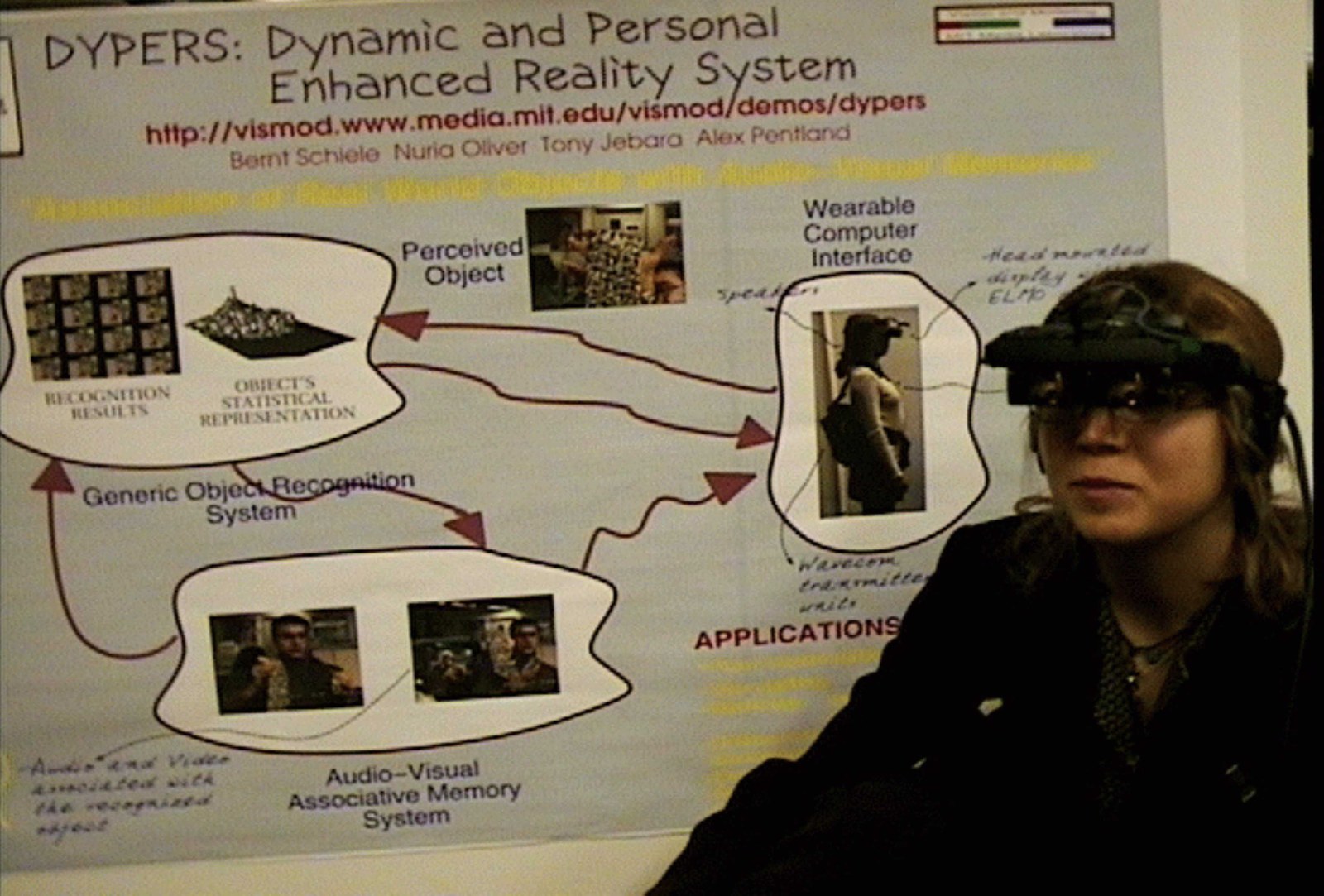 Nuria Oliver demonstrating the DyPERS wearable system in front of its research poster.